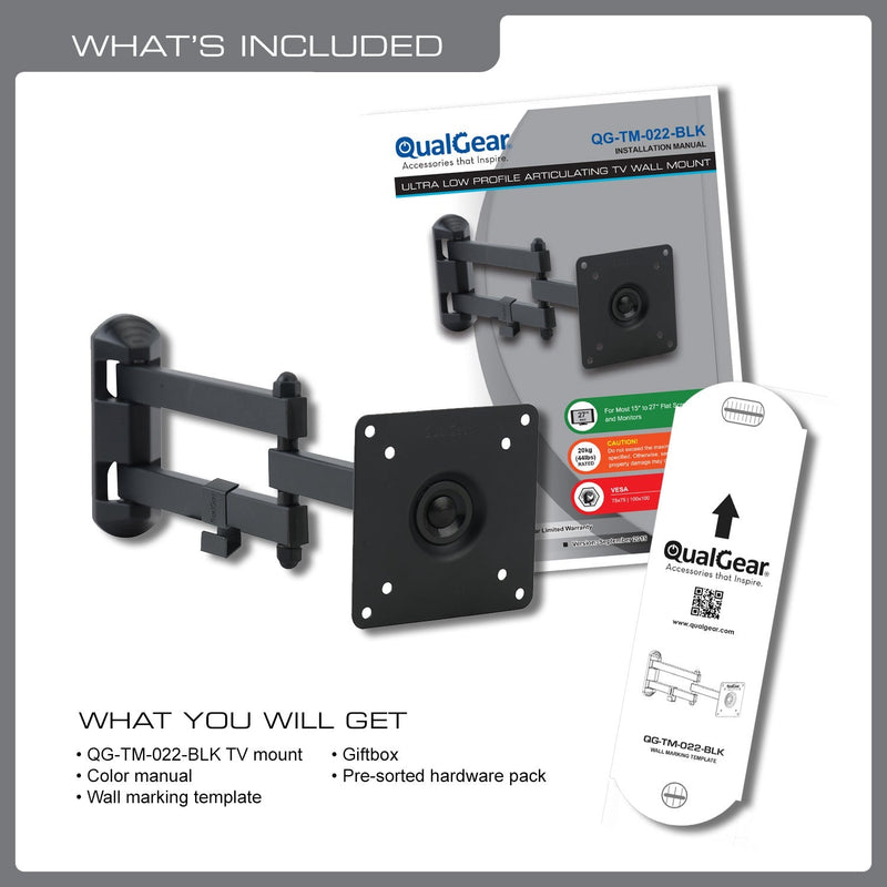 QualGear® QG-TM-022-BLK Articulating TV Wall Mount 15-27 Inch, Black