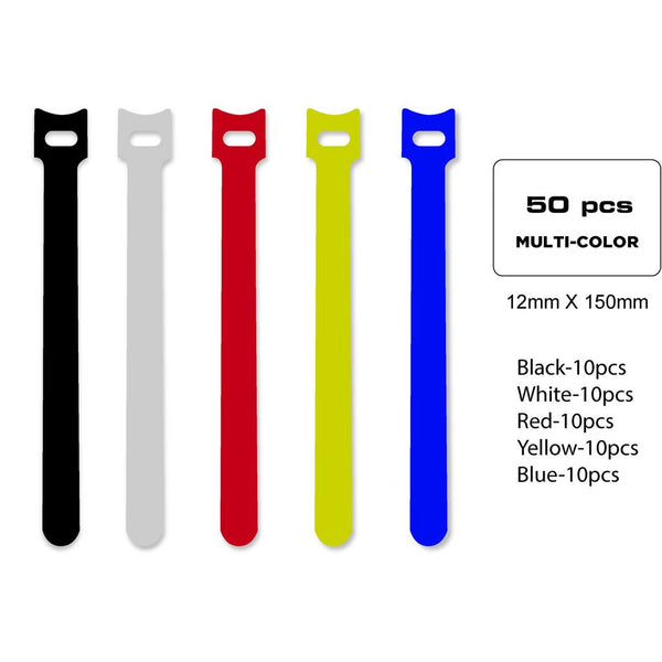 QualGear VT1-MC-50-P Self-Gripping cable ties, 1/2 x 6 Inches, Assorted, 50 Ties in Poly Bag Style