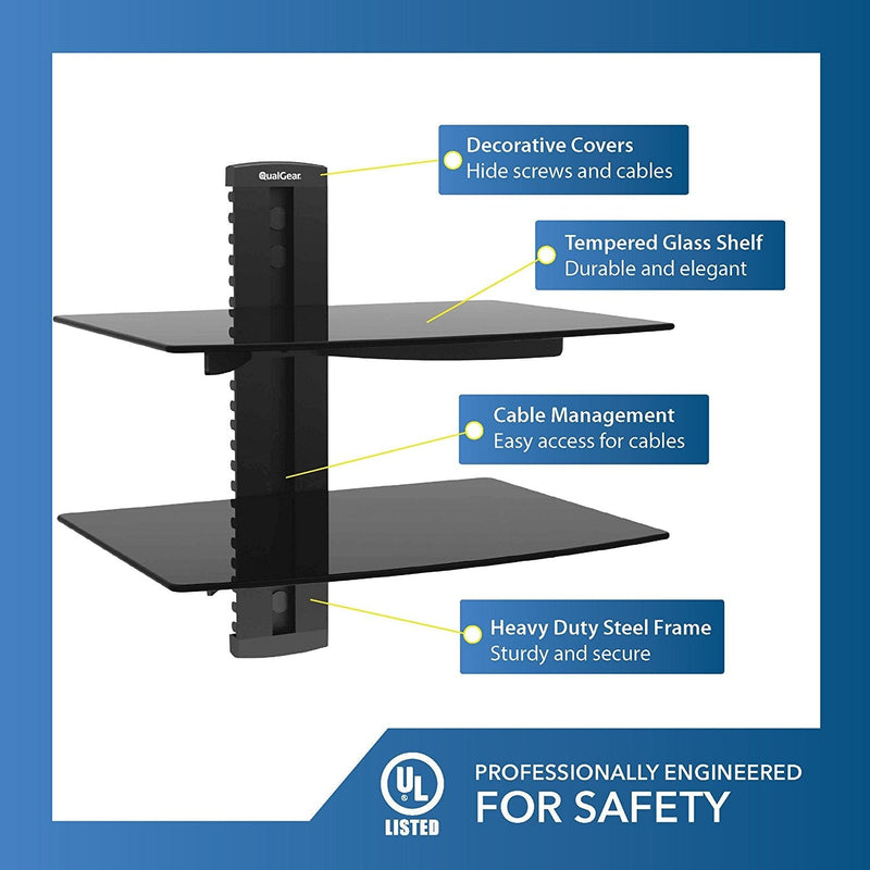 QualGear® Universal Dual Shelf Wall Mount for A/V Components upto 8kgs/17.6lbs(x2), Black (QG-DB-002-BLK)