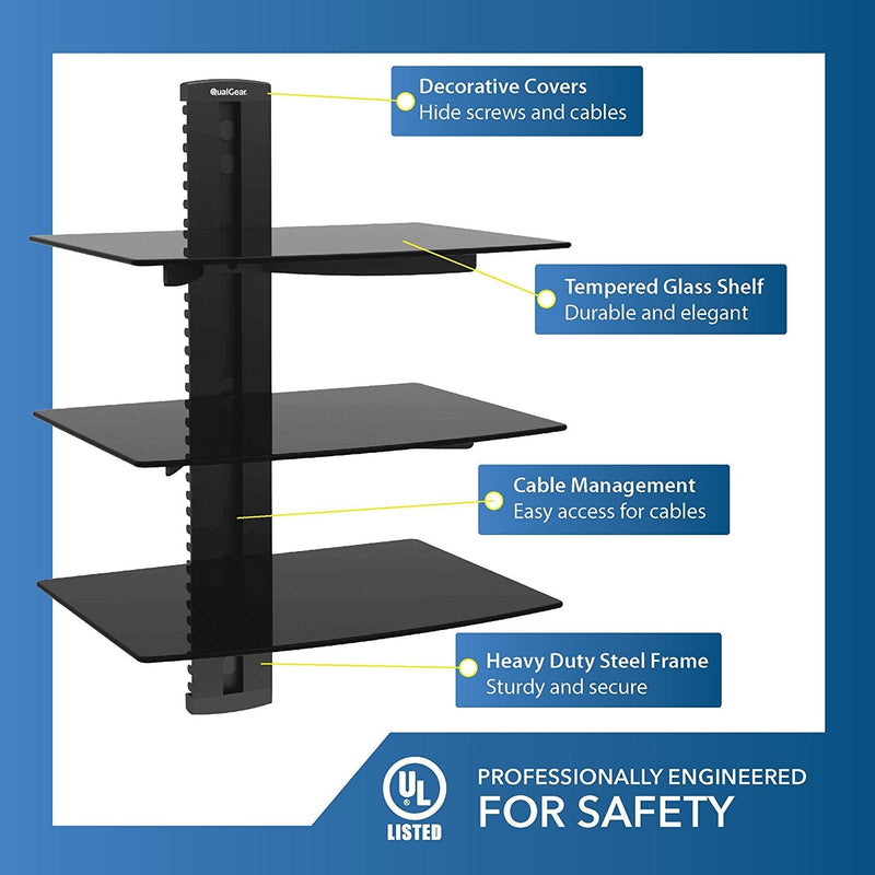 QualGear® Universal Triple Shelf Wall Mount for A/V Components upto 8kgs/17.6lbs(x3), Black (QG-DB-003-BLK)