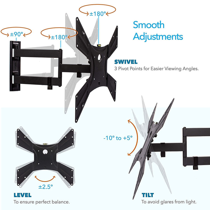 QualGear QG-TM-021-BLK Universal Ultra Slim Low Profile Articulating TV Wall Mount Kit for most 23-inch to 47-inch and some 55-inch LED TVs, w/ HDMI v2.0 Cable 6 ft