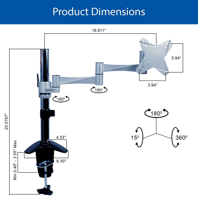 QualGear® QG-DM-01-016 13-27 Inch 3-Way Articulating Single Monitor Desk Mount