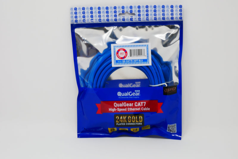 QualGear QG-CAT7R-20FT-BLU CAT 7 S/FTP Ethernet Cable Length 20 feet - 26 AWG, 10 Gbps, Gold Plated Contacts, RJ45, 99.99% OFC Copper, Color Blue