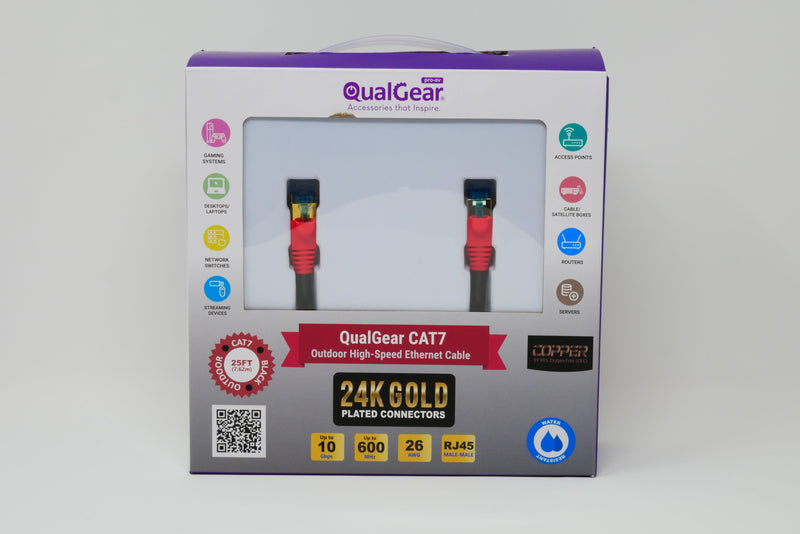 QualGear QG-CAT7O-25FT-BLK CAT 7 S/FTP Ethernet Cable Length 25 feet - 26 AWG, 10 Gbps, Gold Plated Contacts, RJ45, 99.99% OFC Copper, Color Black