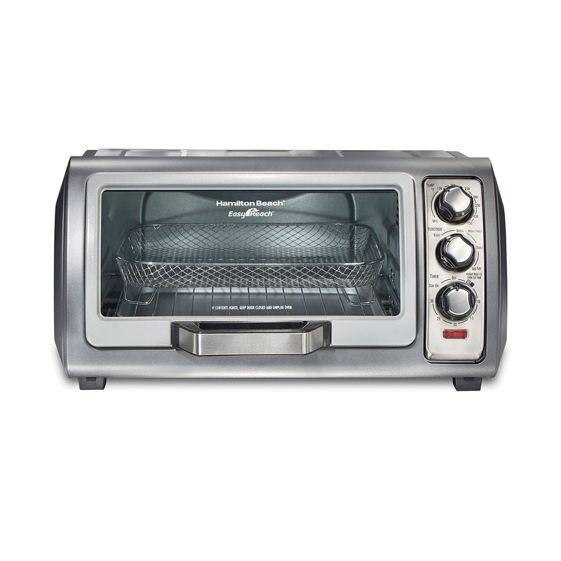 Hamilton Beach Air Fryer Countertop Toaster Oven with Large Capacity, Fits 6 Slices or 12” Pizza, 4 Cooking Functions for Convection, Bake, Broil, Roll-Top Door, Easy Reach Sure-Crisp, Stainless Steel, 31523C