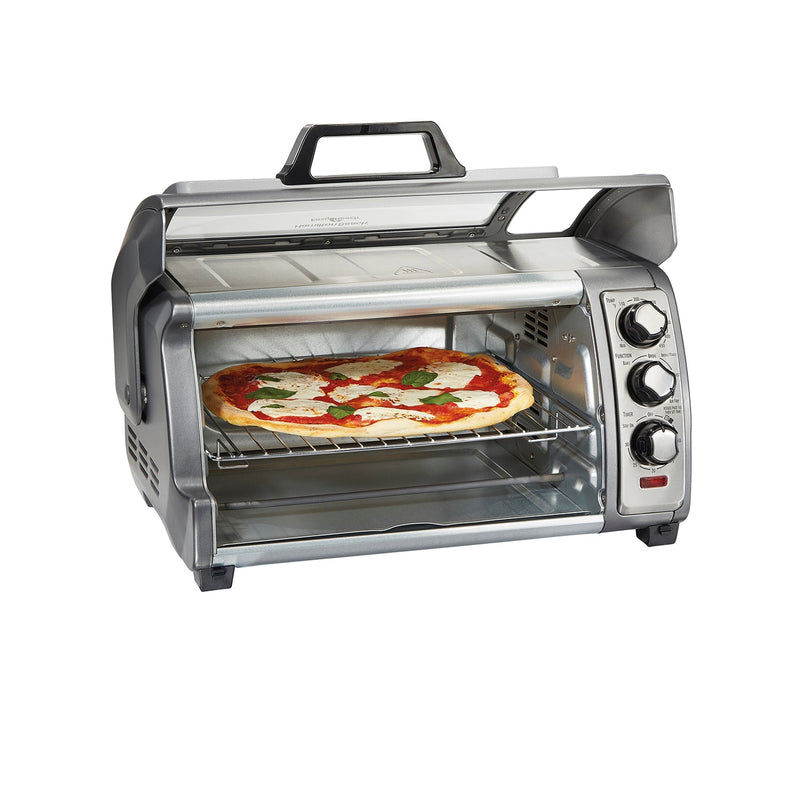 Hamilton Beach Air Fryer Countertop Toaster Oven with Large Capacity, Fits 6 Slices or 12” Pizza, 4 Cooking Functions for Convection, Bake, Broil, Roll-Top Door, Easy Reach Sure-Crisp, Stainless Steel, 31523C