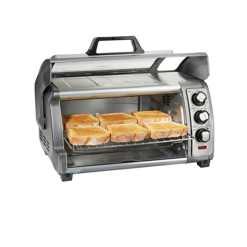 Hamilton Beach Air Fryer Countertop Toaster Oven with Large Capacity, Fits 6 Slices or 12” Pizza, 4 Cooking Functions for Convection, Bake, Broil, Roll-Top Door, Easy Reach Sure-Crisp, Stainless Steel, 31523C