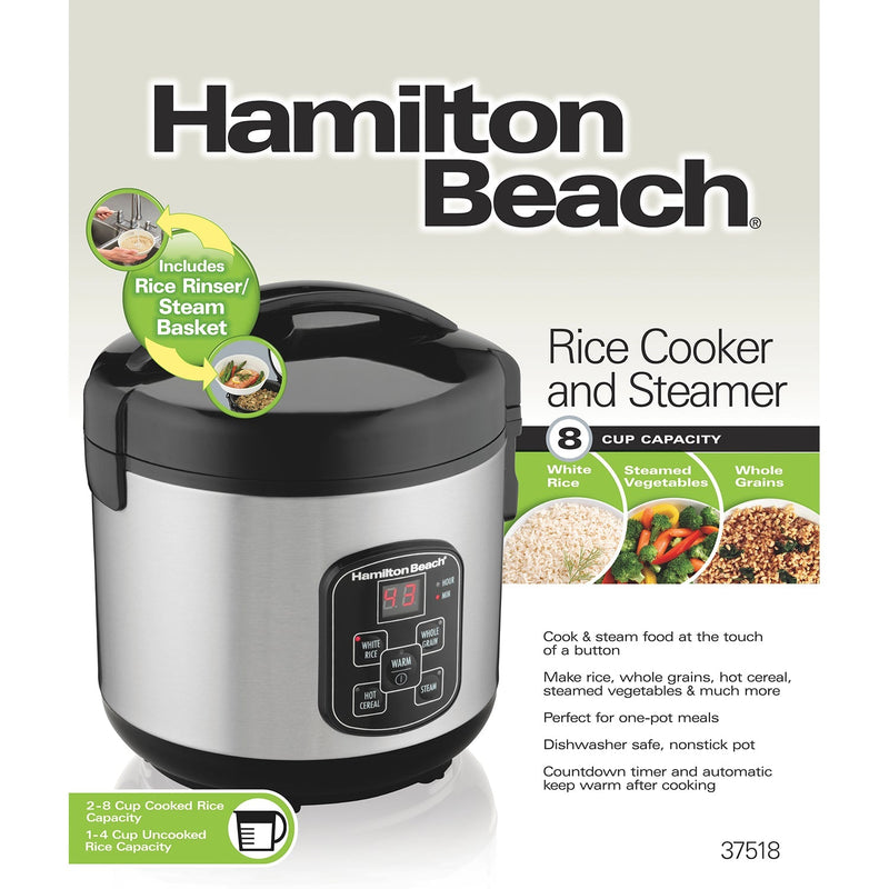 Hamilton Beach 8 Cup Capacity Cooked Rice Cooker & Food Steamer (37518)