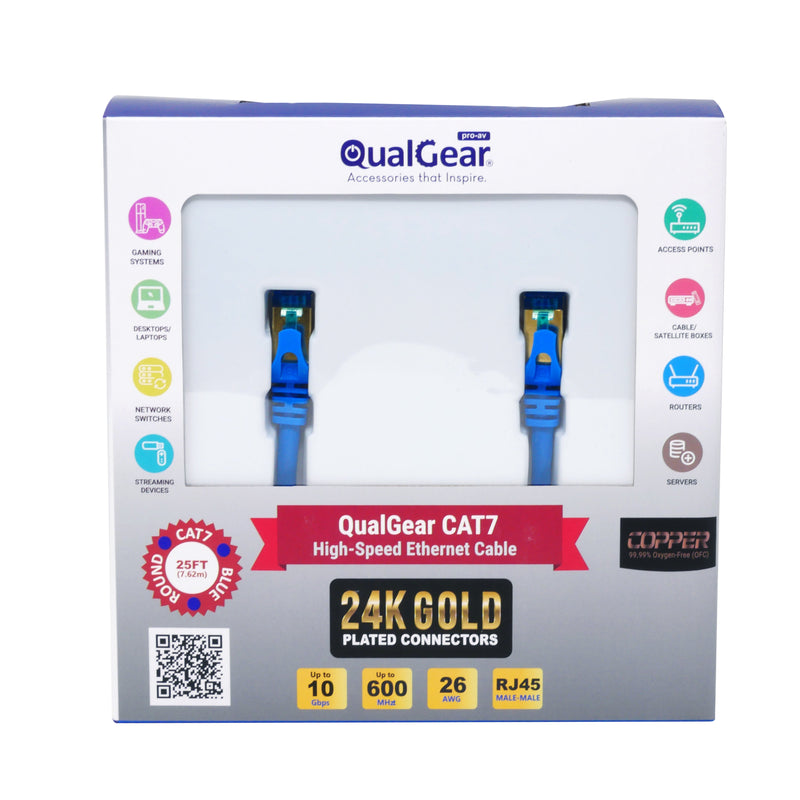 QualGear QG-CAT7R-25FT-BLU CAT 7 S/FTP Ethernet Cable Length 25 feet - 26 AWG, 10 Gbps, Gold Plated Contacts, RJ45, 99.99% OFC Copper, Color Blue