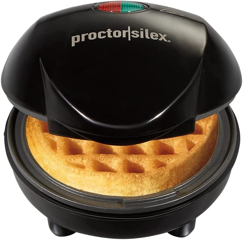 Proctor Silex Mini Waffle Maker Machine with 4” Round Non-stick Grids, Make Personalized Individual Breakfast Chaffles and Hashbrowns, Compact, Black (26100)