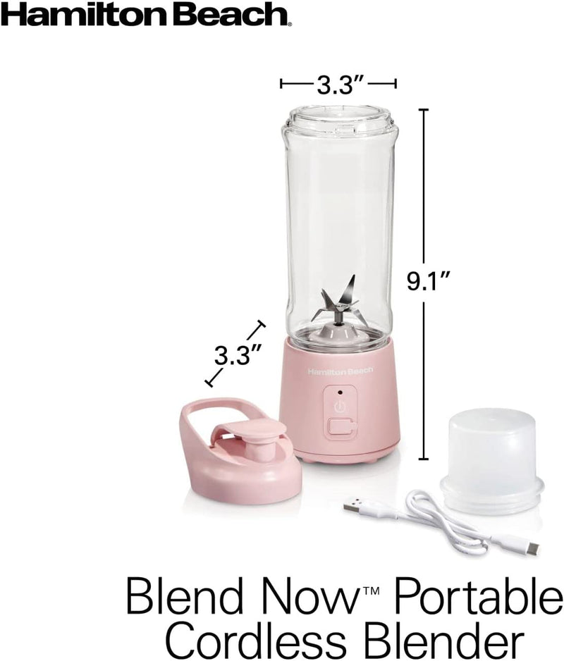 Hamilton Beach Mini Cordless Portable Personal Blender for Shakes and Smoothies, USB Rechargeable, 16 oz. Jar with Leakproof Travel Lid, 6 Stainless Steel Blades, Pink (51181)