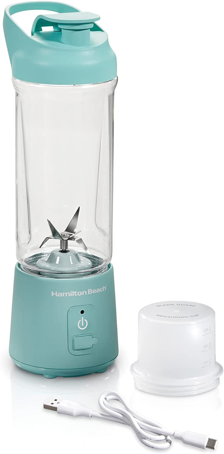 Hamilton Beach Mini Cordless Portable Personal Blender for Shakes and Smoothies, USB Rechargeable, 16 oz. Jar with Leakproof Travel Lid, 6 Stainless Steel Blades, Blue (51182)