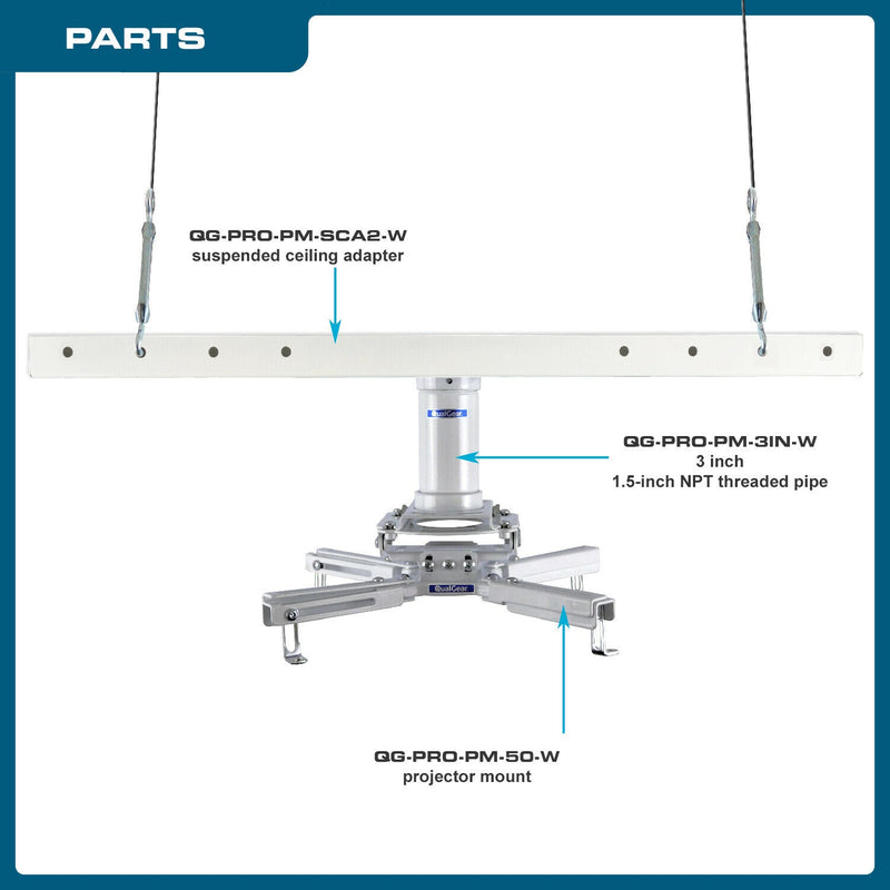 QualGear Pro-AV QG-KIT-S2-3IN-W Projector Mounting Kit - Projector Mount, Suspended Ceiling Adapter, a 3 inch 1.5-Inch NPT Threaded Pipe in White