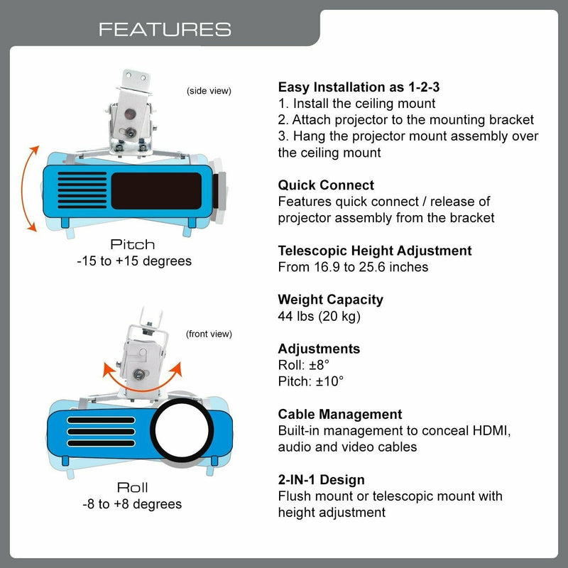 QualGear® QG-PM-002-WHT Universal Projector Ceiling Mount, White