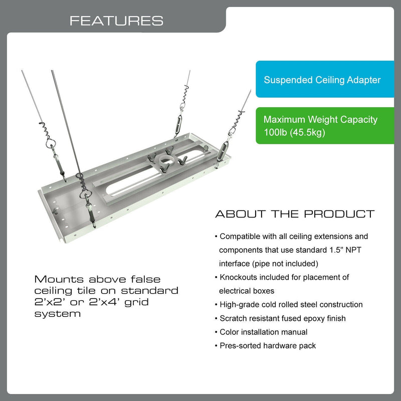 QualGear® QG-PRO-PM-SCA-W Pro-AV 1.5" Suspended For Adjustable Ceiling Adapter