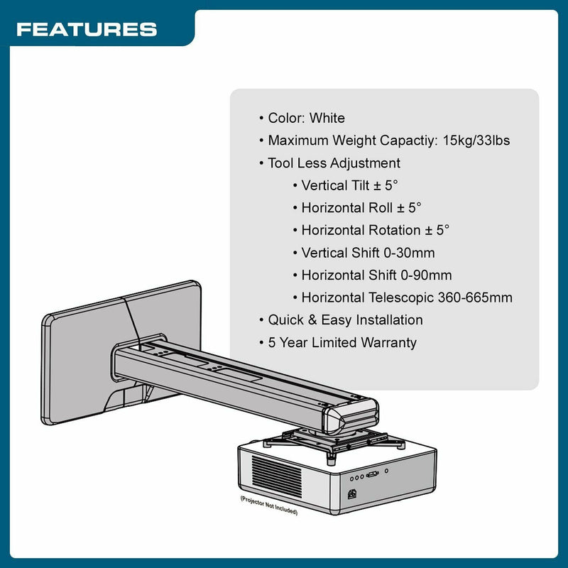 QualGear® QG-PM-FT1-WHT Universal 14.17-26.18" Adjustments Projector Wall Mount