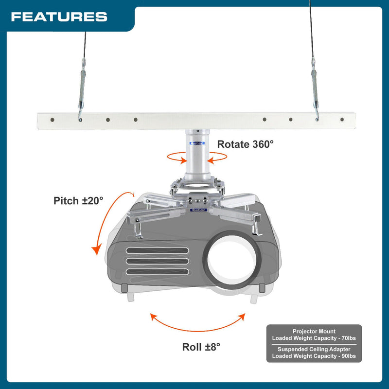 QualGear Pro-AV QG-KIT-S2-3IN-W Projector Mounting Kit - Projector Mount, Suspended Ceiling Adapter, a 3 inch 1.5-Inch NPT Threaded Pipe in White