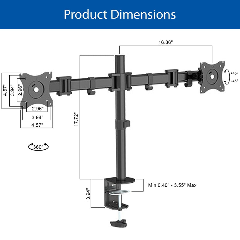 QualGear® QG-DM-02-22 13-27 Inch 3-Way Articulating Dual Monitor Desk Mount