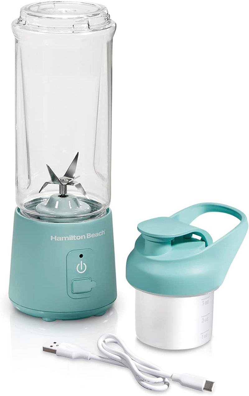 Hamilton Beach Mini Cordless Portable Personal Blender for Shakes and Smoothies, USB Rechargeable, 16 oz. Jar with Leakproof Travel Lid, 6 Stainless Steel Blades, Blue (51182)