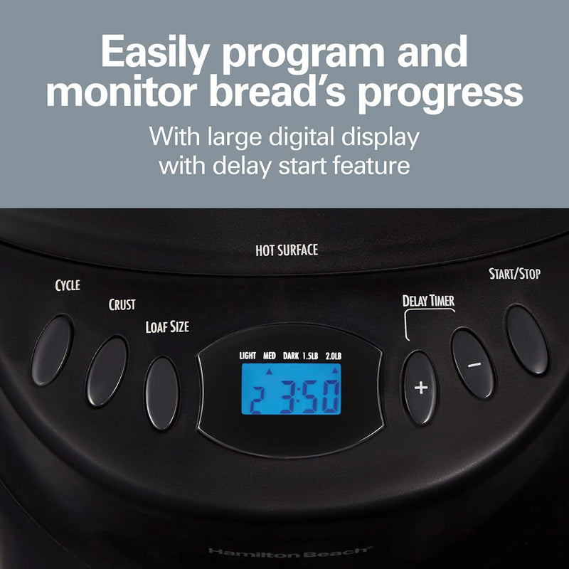 Hamilton Beach Bread Maker Machine, Digital, Programmable, 12 Settings + Gluten Free, Dishwasher Safe Pan + Kneading Paddle, 2 lb Capacity, Black (29882)