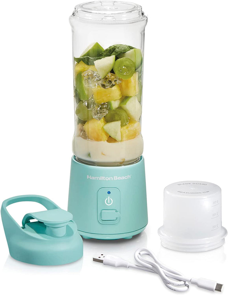 Hamilton Beach Mini Cordless Portable Personal Blender for Shakes and Smoothies, USB Rechargeable, 16 oz. Jar with Leakproof Travel Lid, 6 Stainless Steel Blades, Blue (51182)