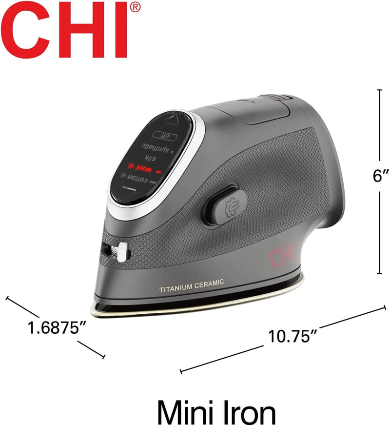 CHI Mini Iron for Clothes, Travel, Quilting, Crafting with Titanium Infused Ceramic Soleplate, 1000 Watts, XL 10’ Cord, 3-Way Auto Shutoff, Black (13120)