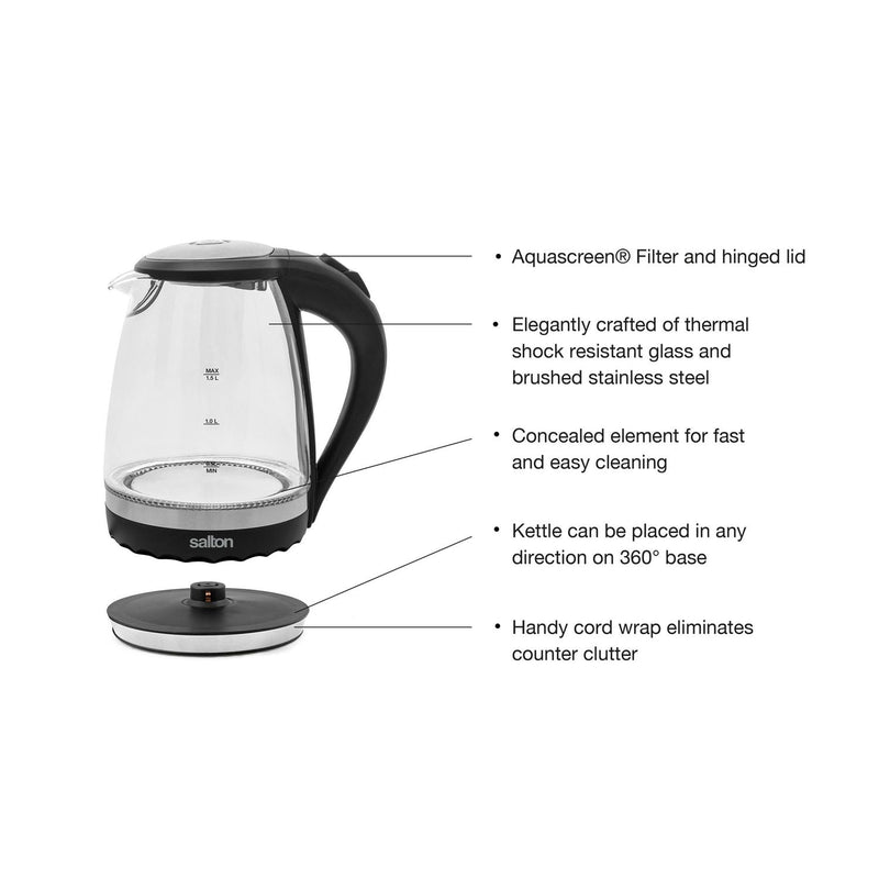 Salton Cordless Electric Compact Glass Kettle, Water Boiler and Tea Heater 1.5 L/Qt, GK1831