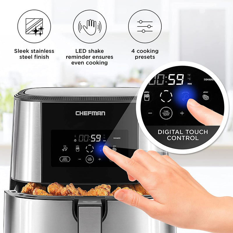 Chefman TurboFry Stainless Steel Digital Touchscreen XL Air Fryer RJ38-SQSS, Dishwasher Safe Basket, 8 Qt (Refurbished)