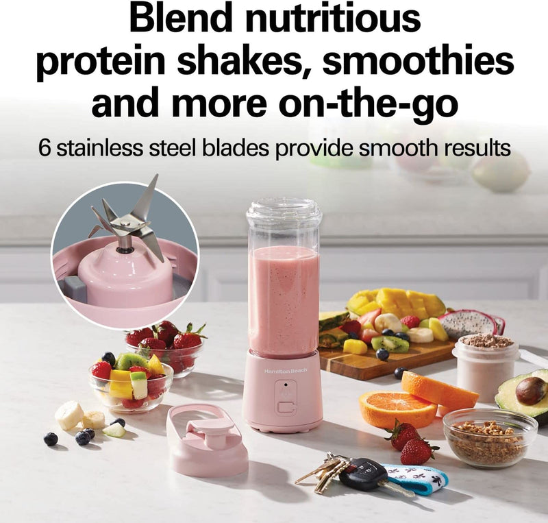 Hamilton Beach Mini Cordless Portable Personal Blender for Shakes and Smoothies, USB Rechargeable, 16 oz. Jar with Leakproof Travel Lid, 6 Stainless Steel Blades, Pink (51181)