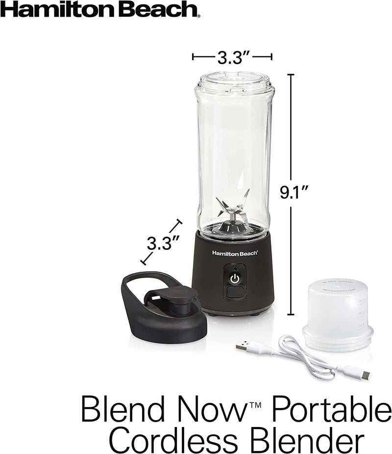 Hamilton Beach Mini Cordless Portable Personal Blender for Shakes and Smoothies, USB Rechargeable, 16 oz. Jar with Leakproof Travel Lid, 6 Stainless Steel Blades, Black (51180)