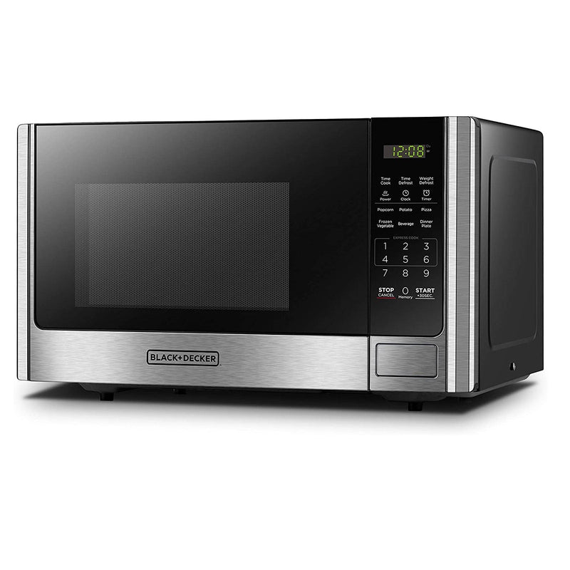 BLACK+DECKER EM925AB9 Digital Microwave Oven with Turntable Push-Button Door, Child Safety Lock, Stainless Steel, 0.9 Cu Ft