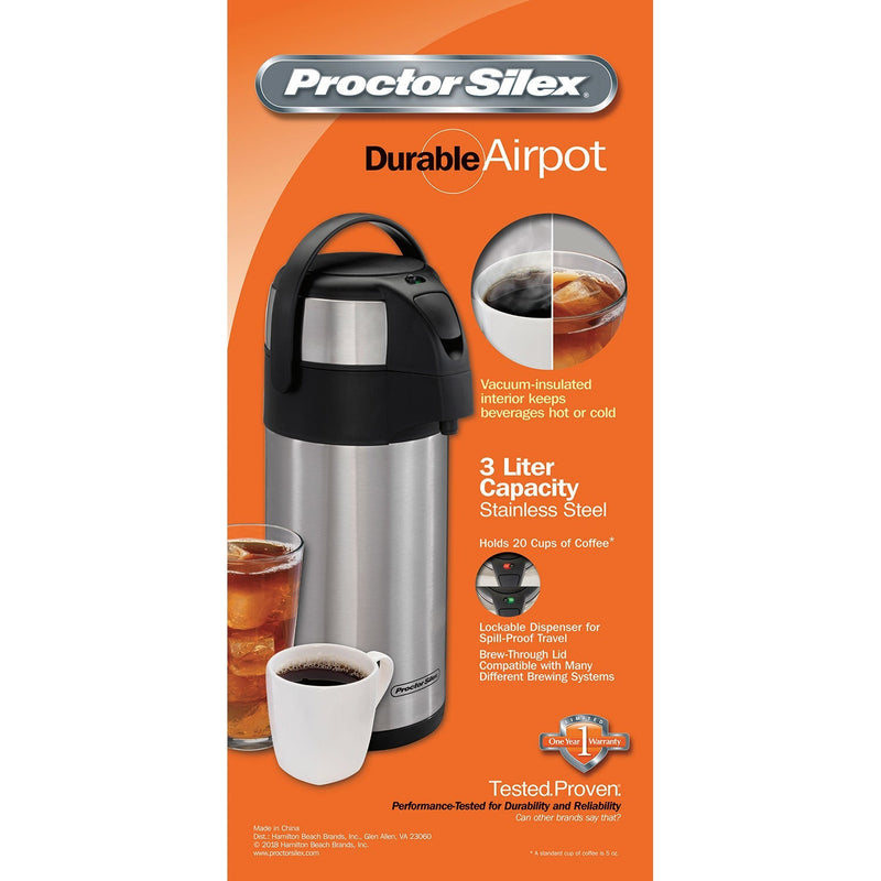 Proctor Silex 40411 Stainless Steel Airpot Hot Coffee Beverage Dispenser with Pump