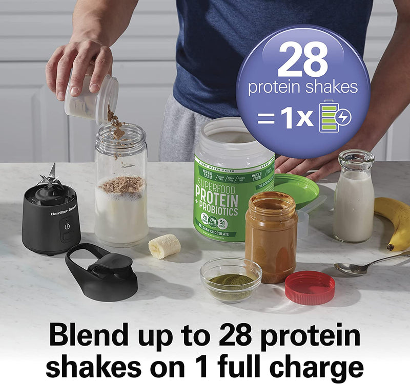 Hamilton Beach Mini Cordless Portable Personal Blender for Shakes and Smoothies, USB Rechargeable, 16 oz. Jar with Leakproof Travel Lid, 6 Stainless Steel Blades, Black (51180)