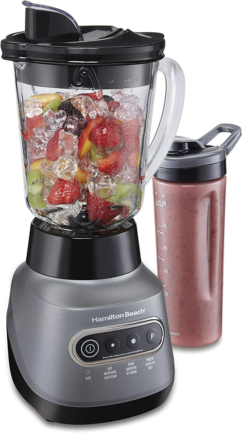 Hamilton Beach 58181 Blender to Puree, Crush Ice, and Make Shakes and Smoothies, 40 Oz Glass Jar, 6 Functions + 20 Oz Travel Container, Gray