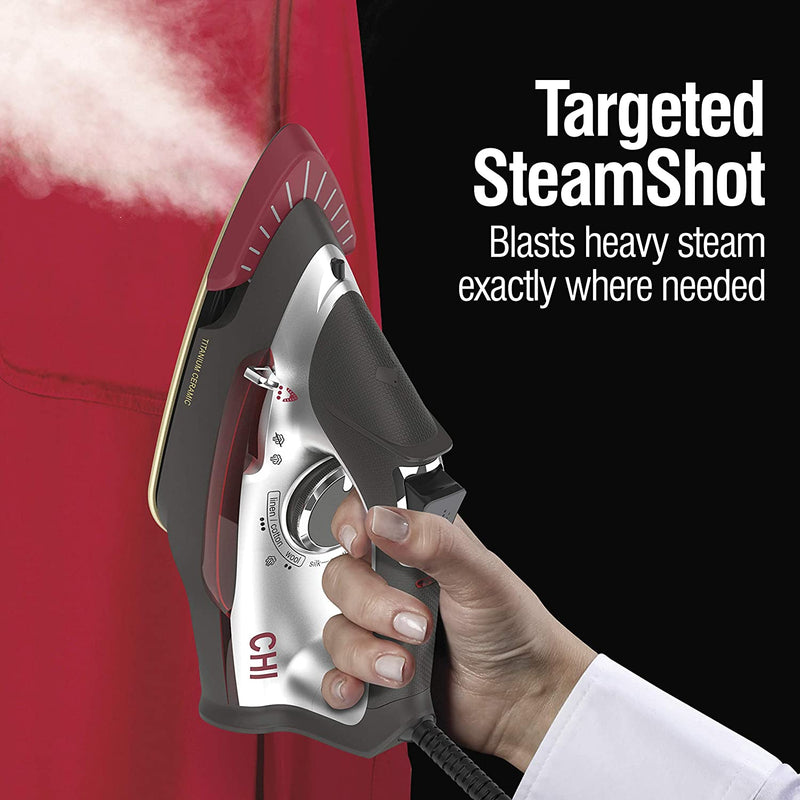 CHI Steam CHI 2-in-1 Steam Iron and Vertical Garment Steamer with Targeted SteamShot for Clothes with Titanium Infused Soleplate, 1200 Watts, 10’ Cord (13108) Red Large