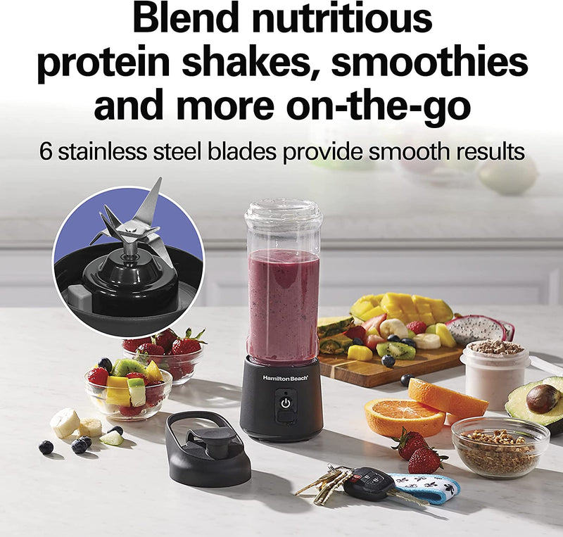 Hamilton Beach Mini Cordless Portable Personal Blender for Shakes and Smoothies, USB Rechargeable, 16 oz. Jar with Leakproof Travel Lid, 6 Stainless Steel Blades, Black (51180)