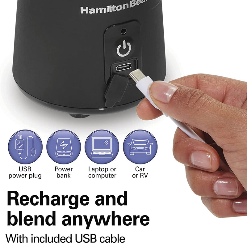 Hamilton Beach Mini Cordless Portable Personal Blender for Shakes and Smoothies, USB Rechargeable, 16 oz. Jar with Leakproof Travel Lid, 6 Stainless Steel Blades, Black (51180)