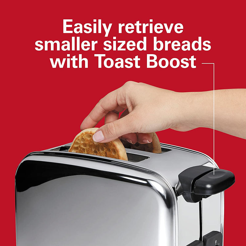 Hamilton Beach Retro Toaster with Wide Slots, Sure-Toast Technology, Bagel & Defrost Settings, Auto Boost to Lift Smaller Breads, 2 Slice, Polished Stainless Steel (22782C)