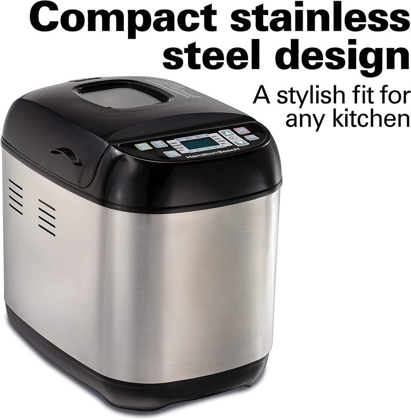 Hamilton Beach Bread Maker Machine Artisan and Gluten-Free, 2 lbs Capacity, 14 Settings, Digital, Stainless Steel, Black and Stainless (29885)