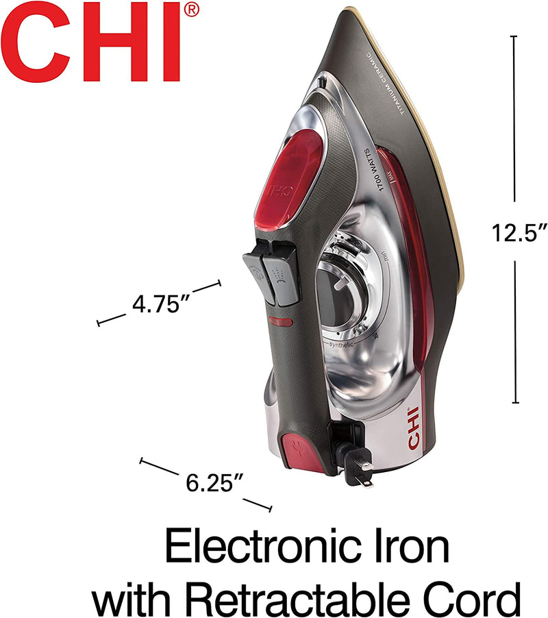 CHI Steam Iron for Clothes with Titanium Infused Ceramic Soleplate, 1700 Watts, Retractable Cord, 3-Way Auto Shutoff, 400+ Holes, Professional Grade, Silver (13106)