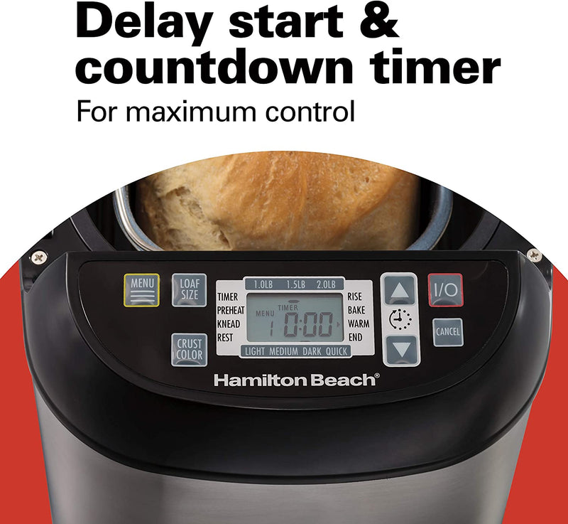 Hamilton Beach Bread Maker Machine Artisan and Gluten-Free, 2 lbs Capacity, 14 Settings, Digital, Stainless Steel, Black and Stainless (29885)