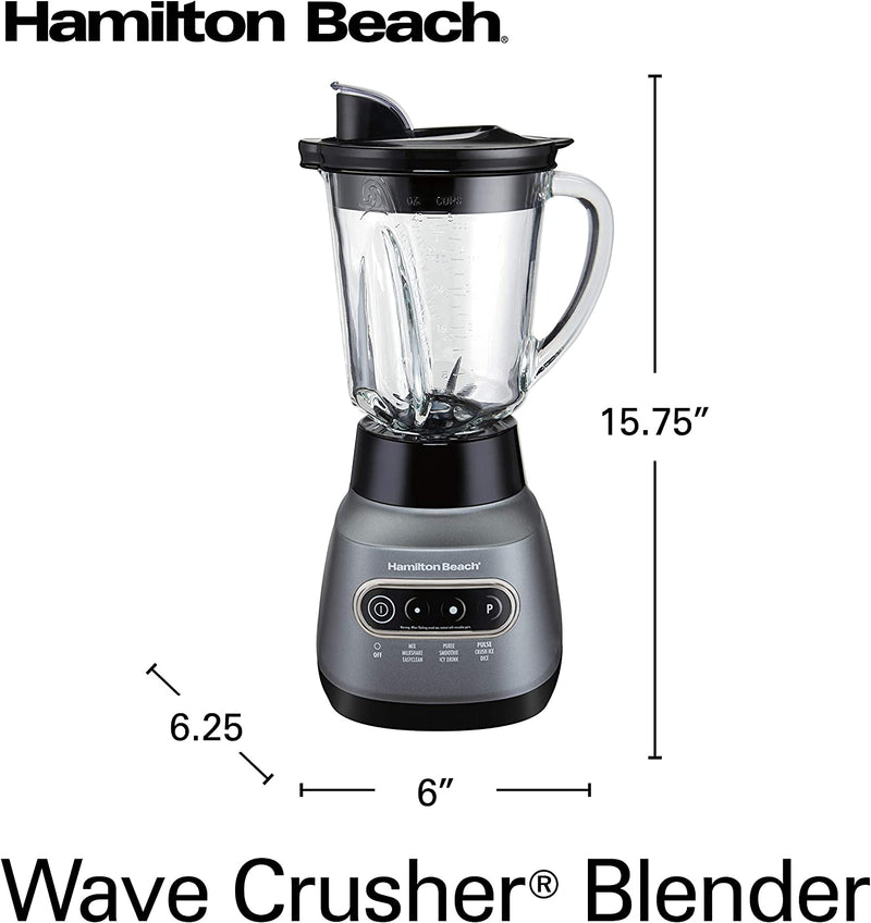 Hamilton Beach 58181 Blender to Puree, Crush Ice, and Make Shakes and Smoothies, 40 Oz Glass Jar, 6 Functions + 20 Oz Travel Container, Gray