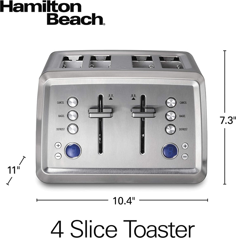 Hamilton Beach 4 Slice Toaster with Extra-Wide Slots, Bagel Setting, Toast Boost, Slide-Out Crumb Tray, Auto-Shutoff & Cancel Button, Digital with Defrost Function, Stainless Steel (24796)