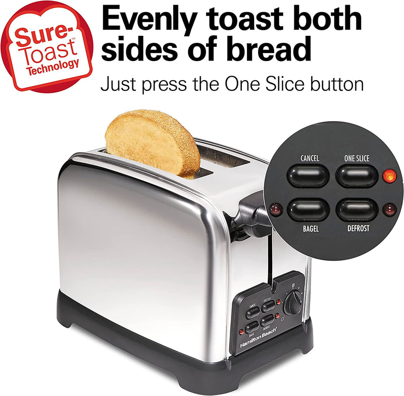 Hamilton Beach Retro Toaster with Wide Slots, Sure-Toast Technology, Bagel & Defrost Settings, Auto Boost to Lift Smaller Breads, 2 Slice, Polished Stainless Steel (22782C)