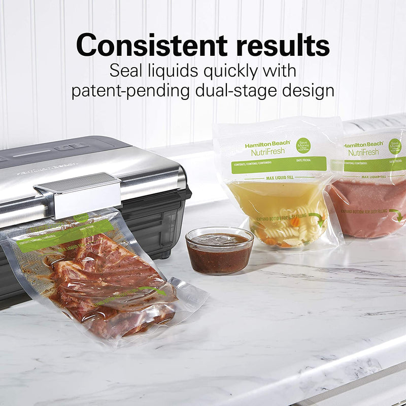 Hamilton Beach Nutrifresh Vacuum Sealer Machine with Bag Cutter, Heat Stamp Date Coder and 2-roll Storage, Bpa Free Food Sealing Starter Kit, Black (78218)