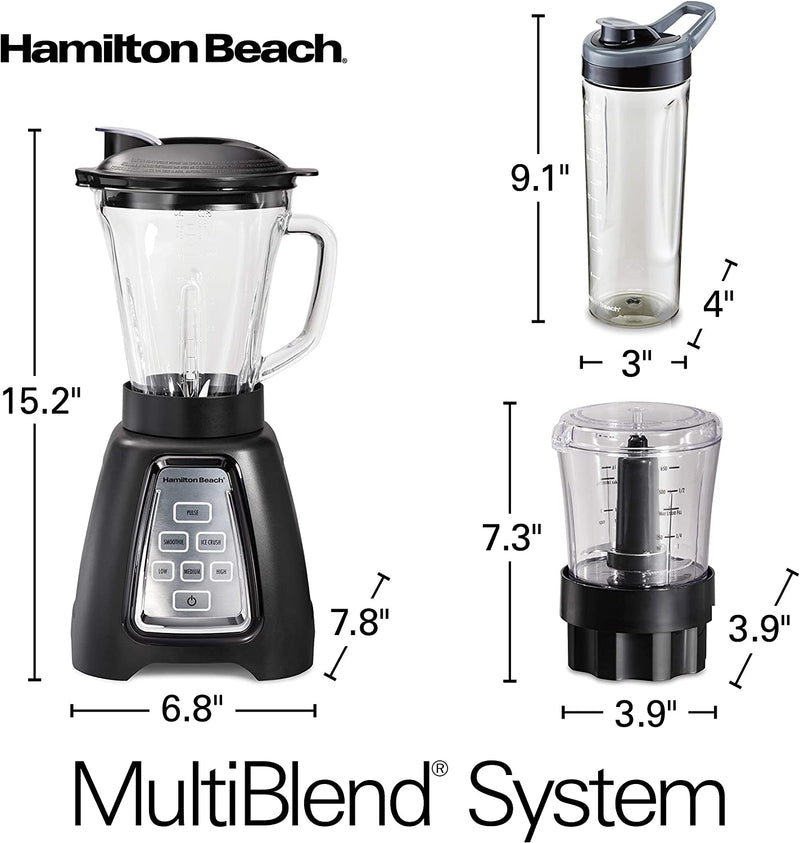 Hamilton Beach MultiBlend System with Glass Jar, Food Chopper Attachment and Travel Jar, 950 Watt Peak-Power Motor, 58242 52 oz , Black