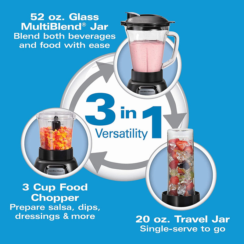 Hamilton Beach MultiBlend System with Glass Jar, Food Chopper Attachment and Travel Jar, 950 Watt Peak-Power Motor, 58242 52 oz , Black