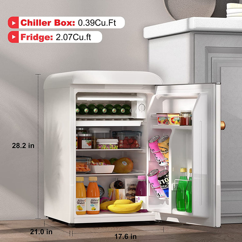 Galanz 2.5 cu. ft. White Mini Retro Refrigerator with Rose Gold Handle GLR25 Fridge (Open Box 90 Days Warranty)