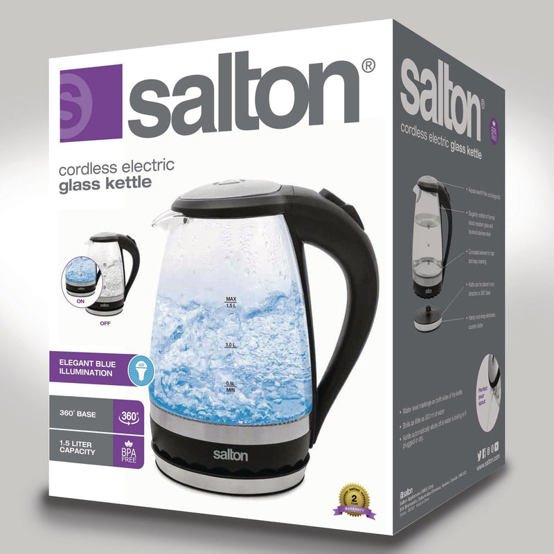 Salton Cordless Electric Compact Glass Kettle, Water Boiler and Tea Heater 1.5 L/Qt, GK1831