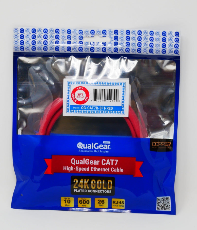 QualGear QG-CAT7R-3FT-RED CAT 7 S/FTP Ethernet Cable Length 3 feet - 26 AWG, 10 Gbps, Gold Plated Contacts, RJ45, 99.99% OFC Copper, Color Red